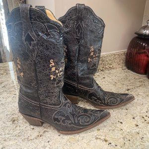 Corral Vintage Fancy Lizard Inlay Distressed Black Western Boots C2108 Size 9.5